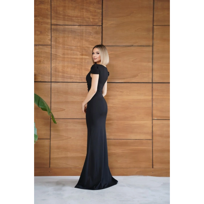 Kadın Siyah V Yaka Yırtmaçlı Kalem Elbise