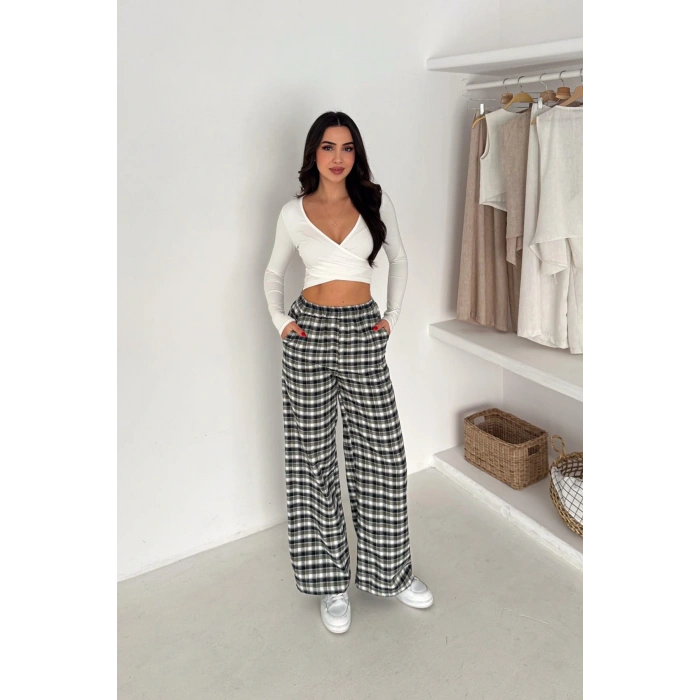 Kadın Ekose Yüksek Bel Palazzo Pantolon