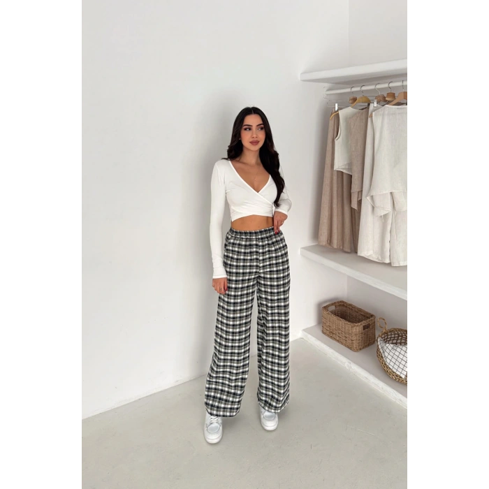 Kadın Ekose Yüksek Bel Palazzo Pantolon