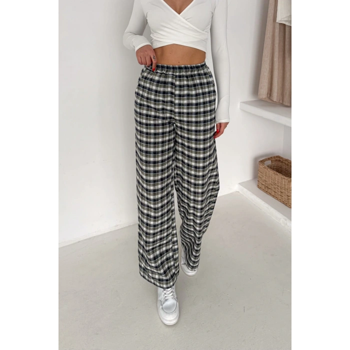 Kadın Ekose Yüksek Bel Palazzo Pantolon