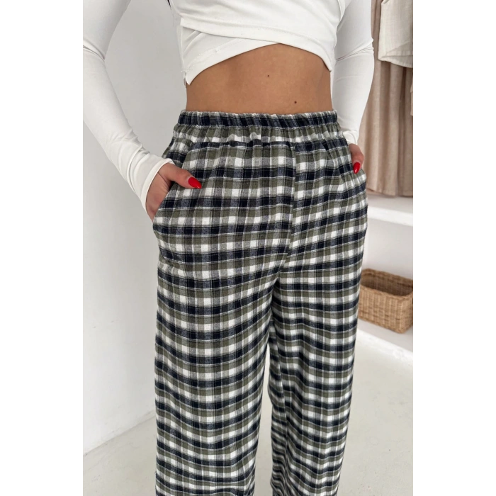 Kadın Ekose Yüksek Bel Palazzo Pantolon