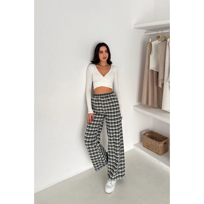Kadın Ekose Yüksek Bel Palazzo Pantolon