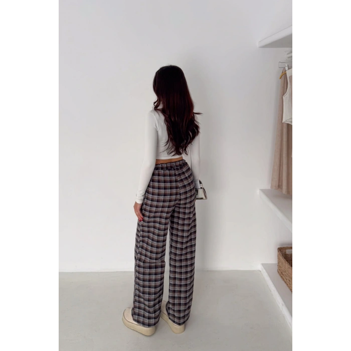 Kadın Ekose Yüksek Bel Palazzo Pantolon
