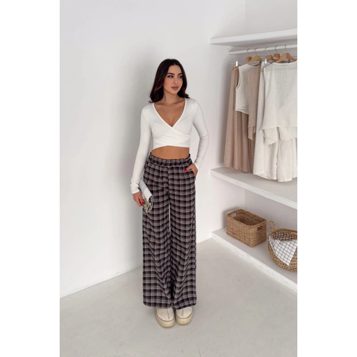 Kadın Ekose Yüksek Bel Palazzo Pantolon