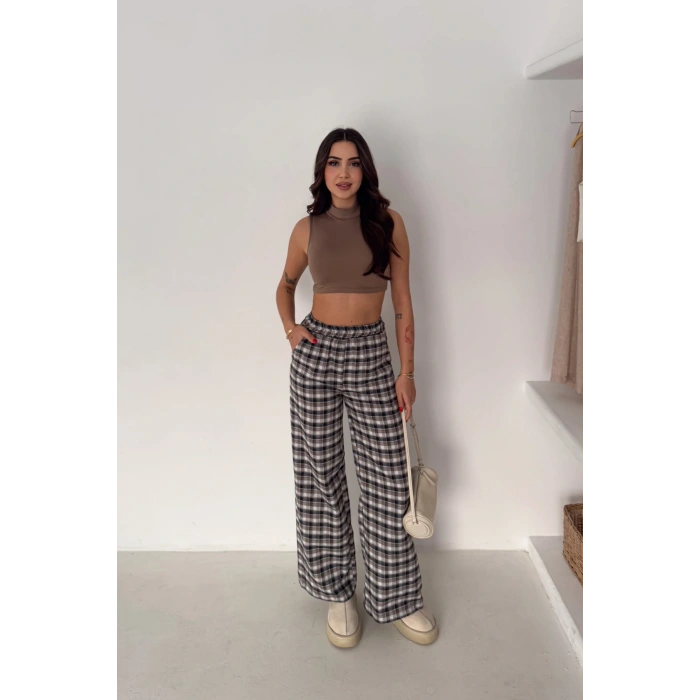 Kadın Ekose Yüksek Bel Palazzo Pantolon