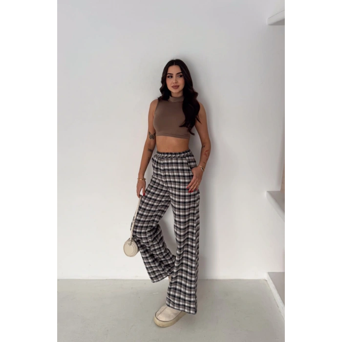 Kadın Ekose Yüksek Bel Palazzo Pantolon