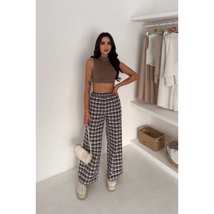 Kadın Ekose Yüksek Bel Palazzo Pantolon