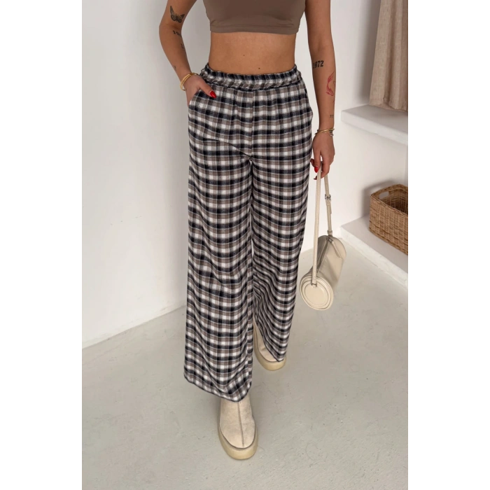 Kadın Ekose Yüksek Bel Palazzo Pantolon