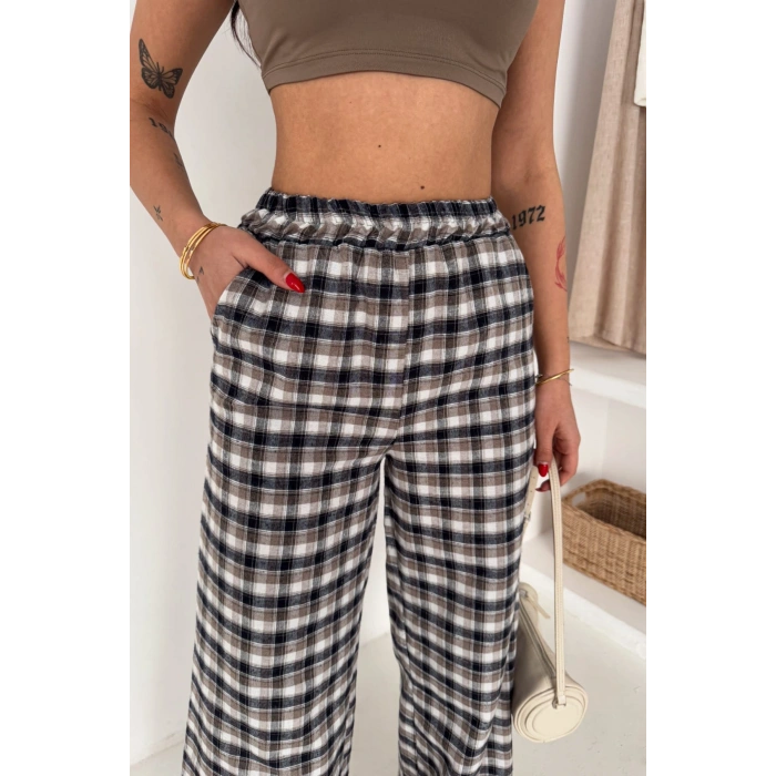 Kadın Ekose Yüksek Bel Palazzo Pantolon