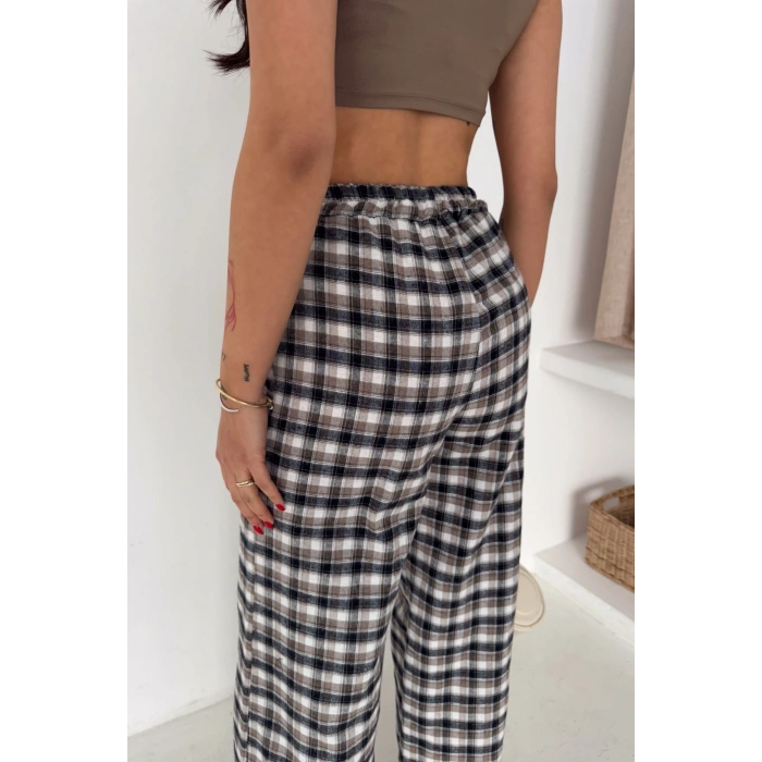 Kadın Ekose Yüksek Bel Palazzo Pantolon