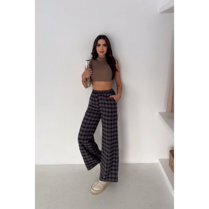 Kadın Ekose Yüksek Bel Palazzo Pantolon