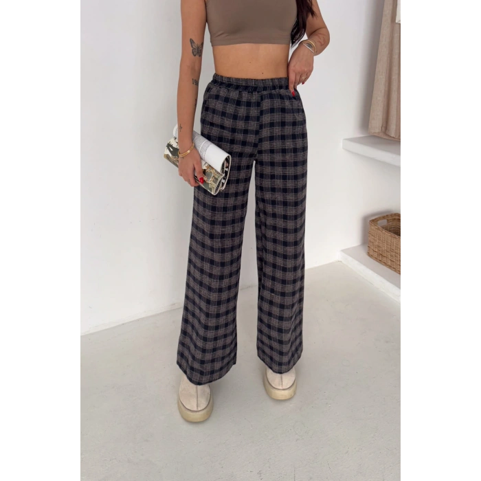 Kadın Ekose Yüksek Bel Palazzo Pantolon