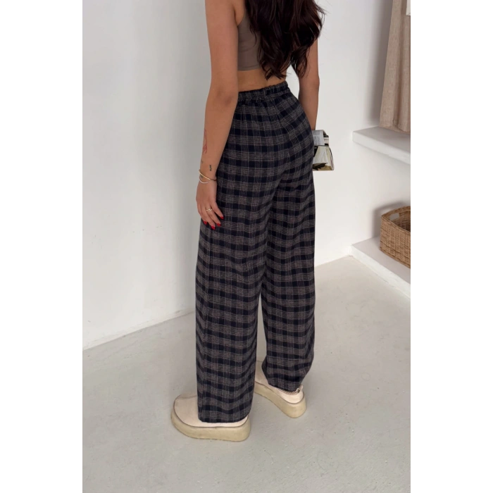 Kadın Ekose Yüksek Bel Palazzo Pantolon