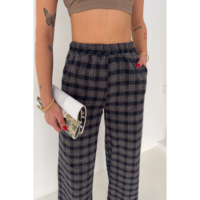 Kadın Ekose Yüksek Bel Palazzo Pantolon