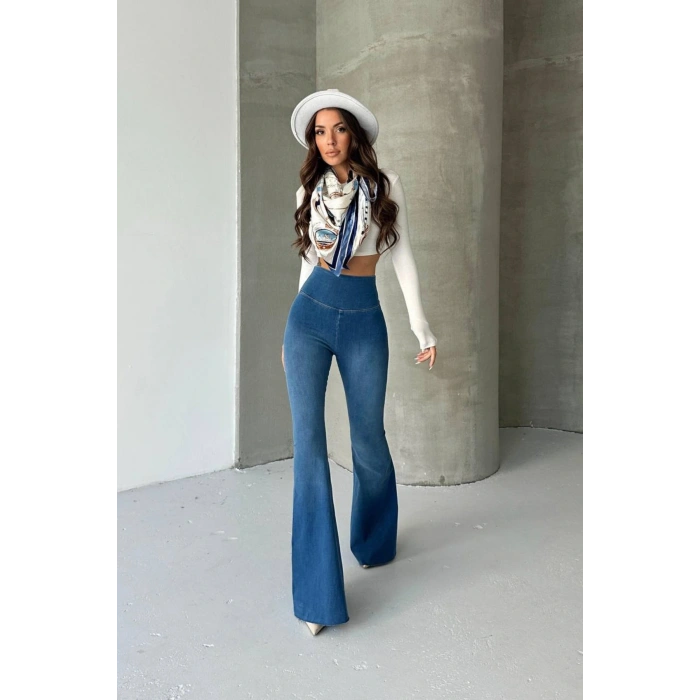 Kadın Mavi Yüksek Bel İspanyol Paça Günlük Pantolon