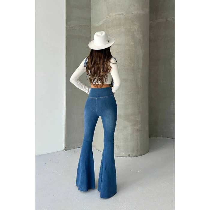 Kadın Mavi Yüksek Bel İspanyol Paça Günlük Pantolon