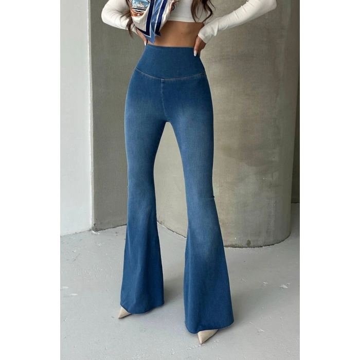 Kadın Mavi Yüksek Bel İspanyol Paça Günlük Pantolon