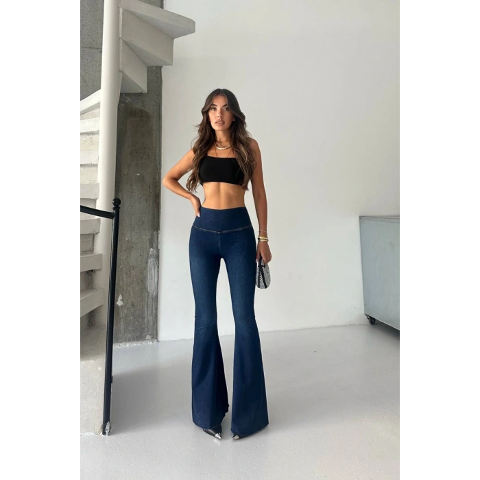 Kadın Lacivert Yüksek Bel İspanyol Paça Günlük Pantolon