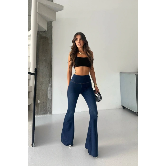 Kadın Lacivert Yüksek Bel İspanyol Paça Günlük Pantolon