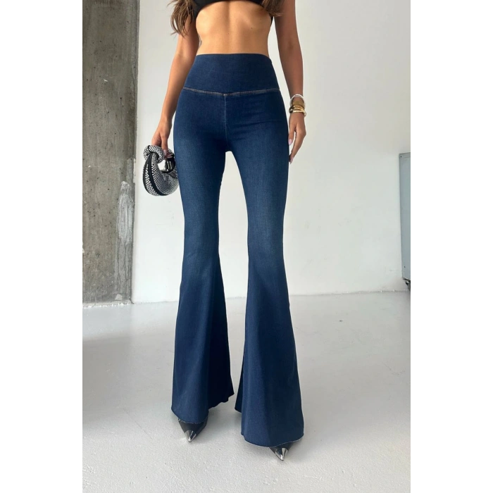 Kadın Lacivert Yüksek Bel İspanyol Paça Günlük Pantolon