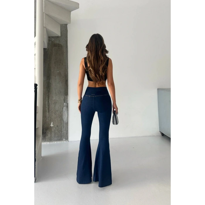 Kadın Lacivert Yüksek Bel İspanyol Paça Günlük Pantolon