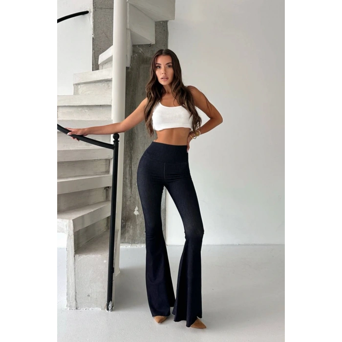 Kadın Siyah Yüksek Bel İspanyol Paça Günlük Pantolon