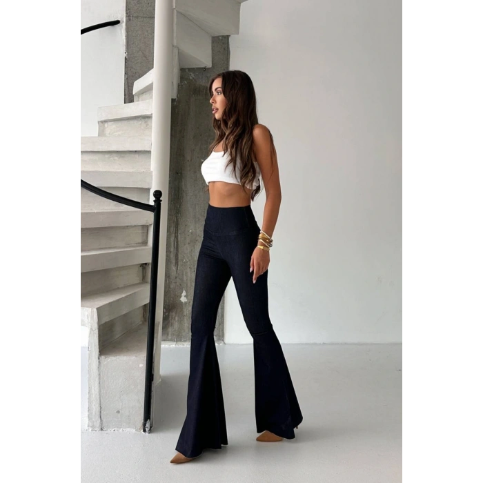 Kadın Siyah Yüksek Bel İspanyol Paça Günlük Pantolon