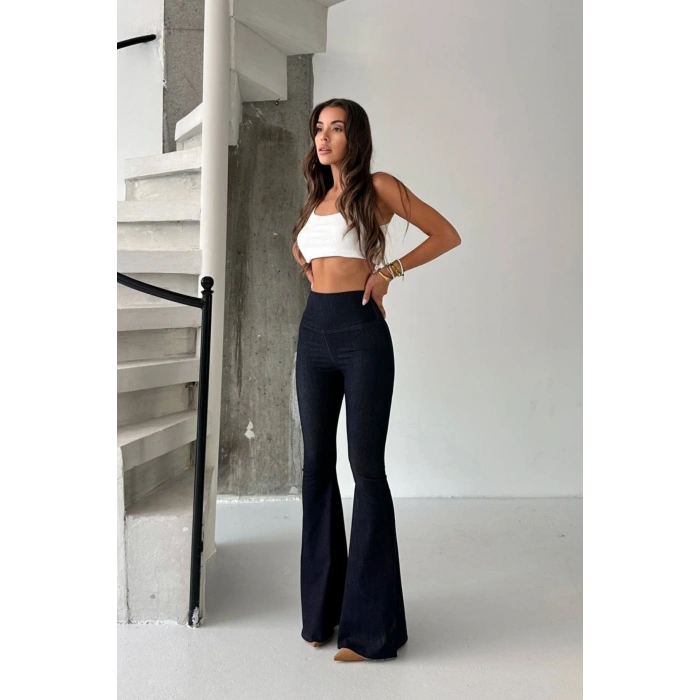 Kadın Siyah Yüksek Bel İspanyol Paça Günlük Pantolon