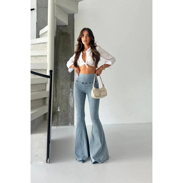 Kadın Açık Mavi Yüksek Bel İspanyol Paça Günlük Pantolon