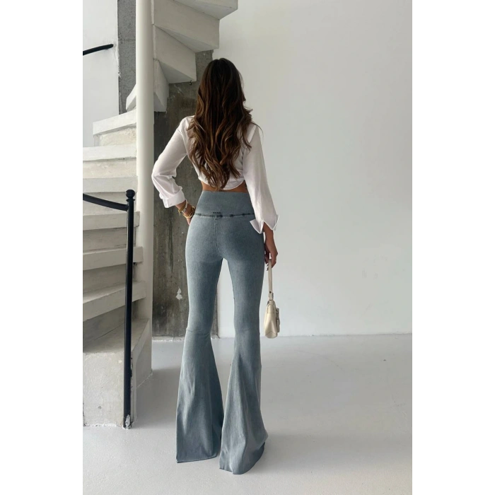 Kadın Açık Mavi Yüksek Bel İspanyol Paça Günlük Pantolon