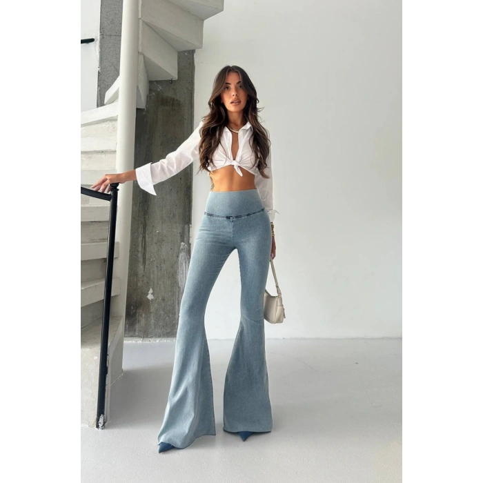 Kadın Açık Mavi Yüksek Bel İspanyol Paça Günlük Pantolon