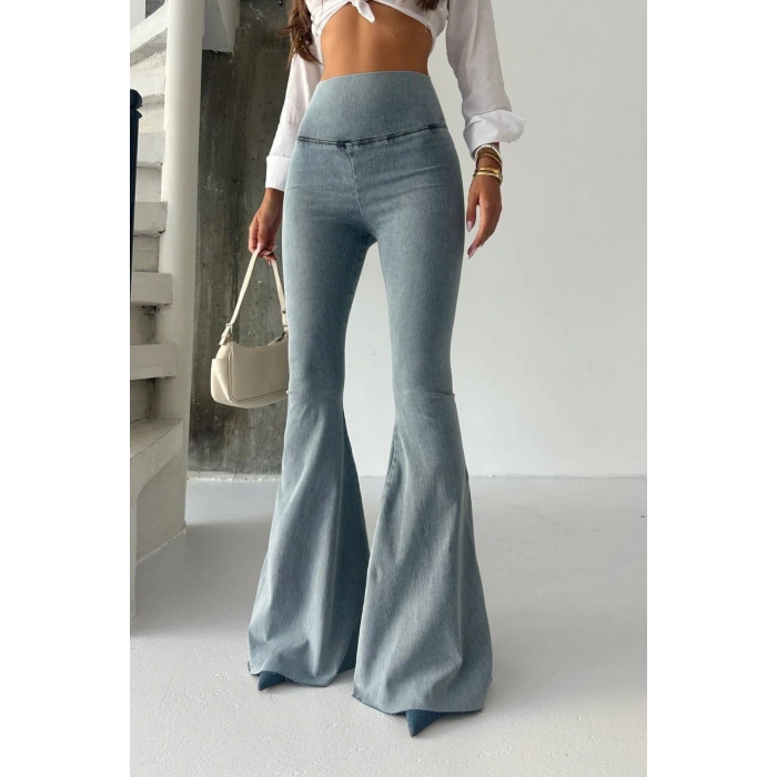 Kadın Açık Mavi Yüksek Bel İspanyol Paça Günlük Pantolon