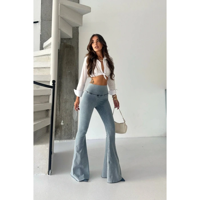 Kadın Açık Mavi Yüksek Bel İspanyol Paça Günlük Pantolon