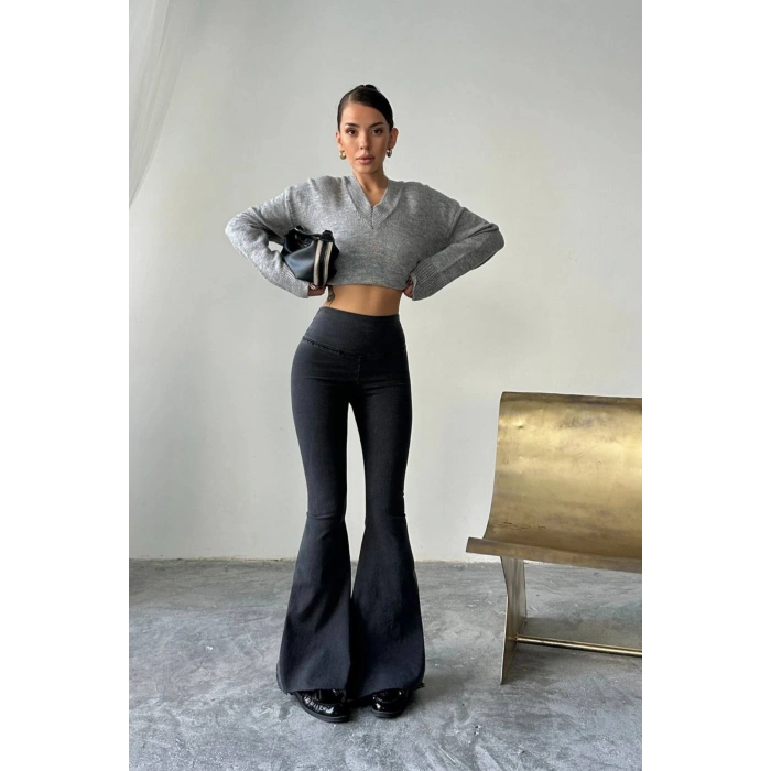 Kadın Antrasit Yüksek Bel İspanyol Paça Günlük Pantolon