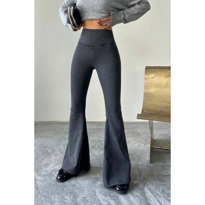 Kadın Antrasit Yüksek Bel İspanyol Paça Günlük Pantolon