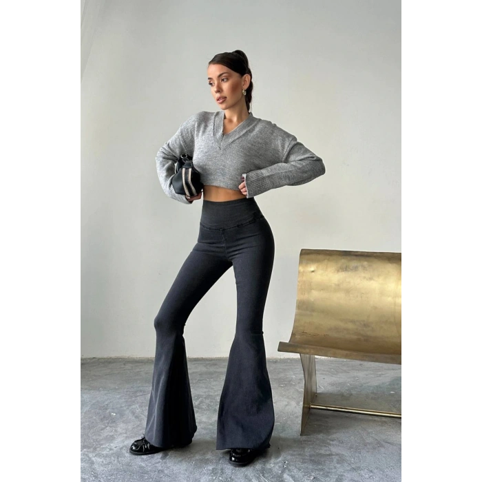 Kadın Antrasit Yüksek Bel İspanyol Paça Günlük Pantolon