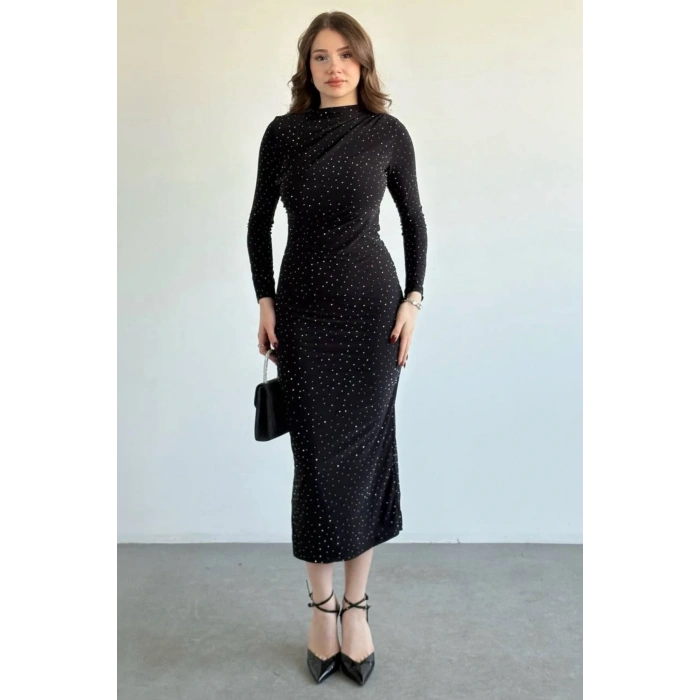 Taş Detaylı Uzun Kollu Elbise - Siyah