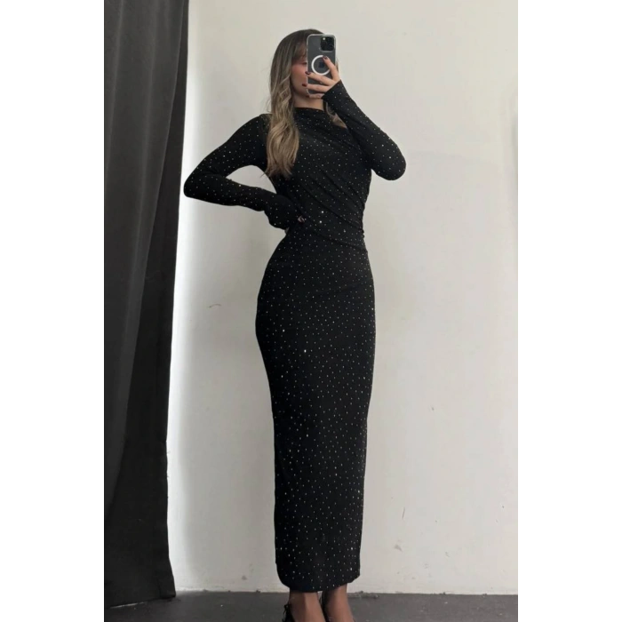 Taş Detaylı Uzun Kollu Elbise - Siyah