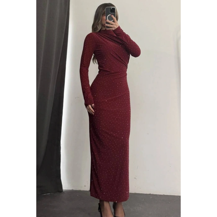 Taş Detaylı Uzun Kollu Elbise - Bordo