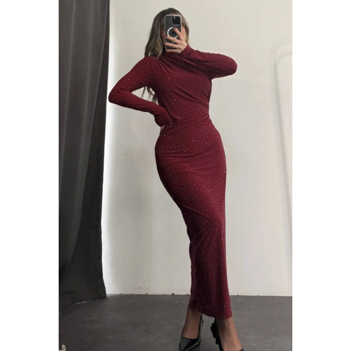 Taş Detaylı Uzun Kollu Elbise - Bordo