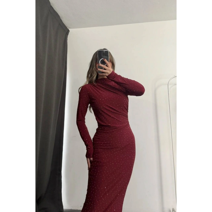 Taş Detaylı Uzun Kollu Elbise - Bordo