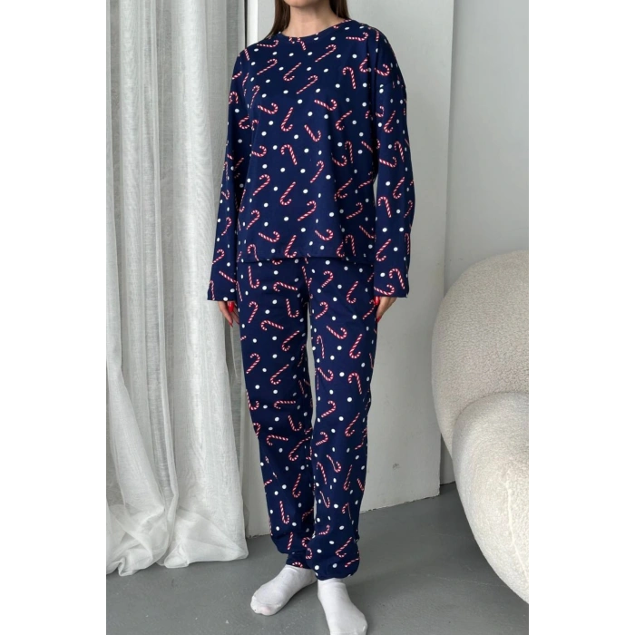 Kadın Şeker Desenli Alt Üst Pijama Takımı-Lacivert