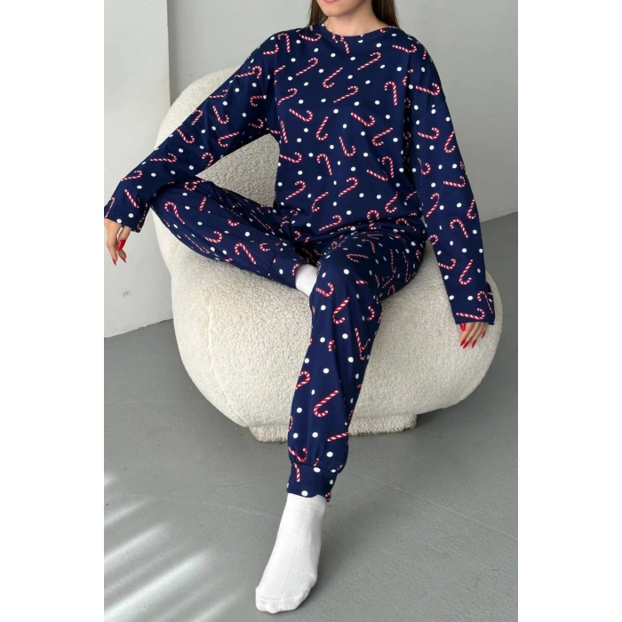 Kadın Şeker Desenli Alt Üst Pijama Takımı-Lacivert