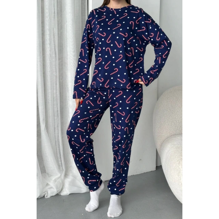 Kadın Şeker Desenli Alt Üst Pijama Takımı-Lacivert
