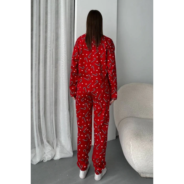 Kadın Şeker Desenli Alt Üst Pijama Takımı-Kırmızı