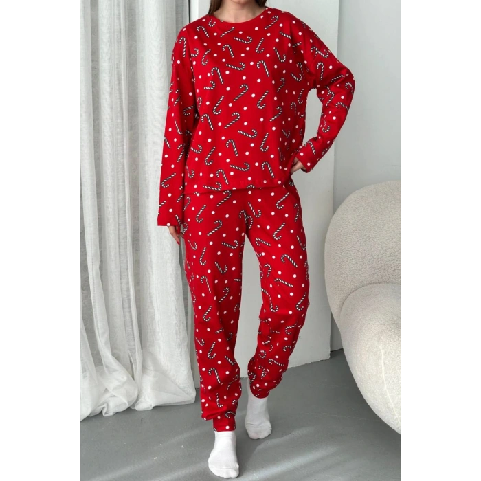 Kadın Şeker Desenli Alt Üst Pijama Takımı-Kırmızı