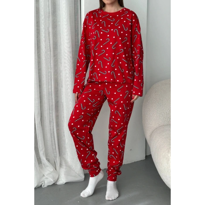 Kadın Şeker Desenli Alt Üst Pijama Takımı-Kırmızı
