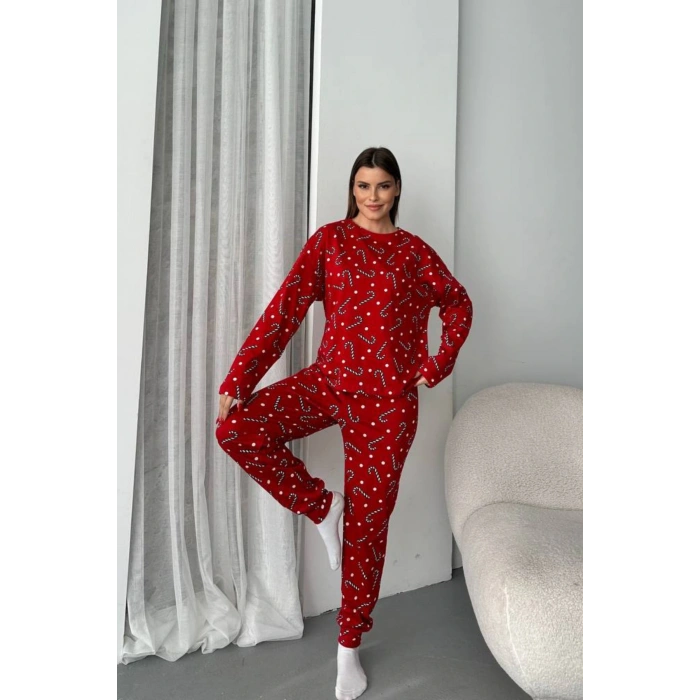 Kadın Şeker Desenli Alt Üst Pijama Takımı-Kırmızı
