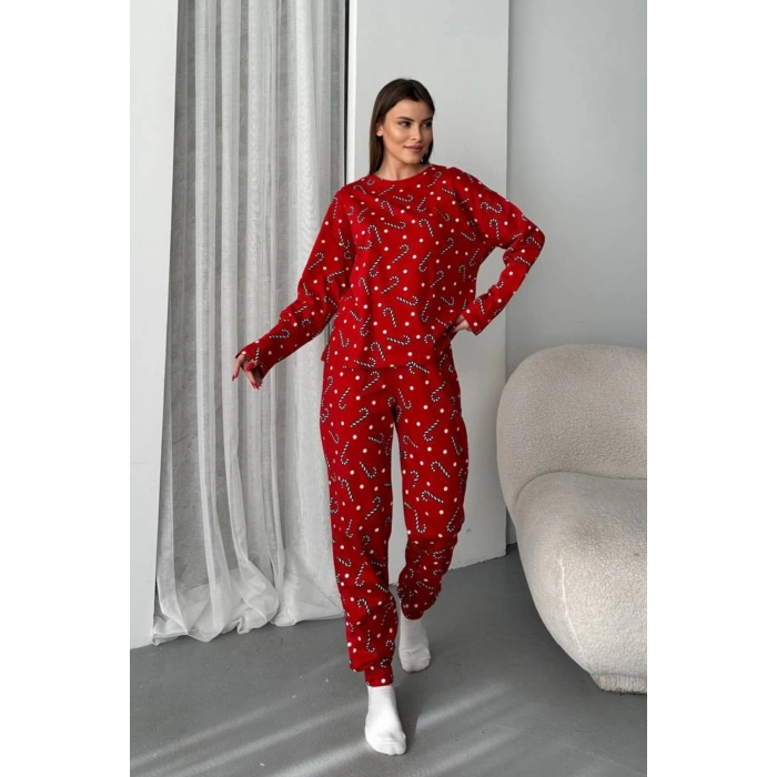 Kadın Şeker Desenli Alt Üst Pijama Takımı-Kırmızı
