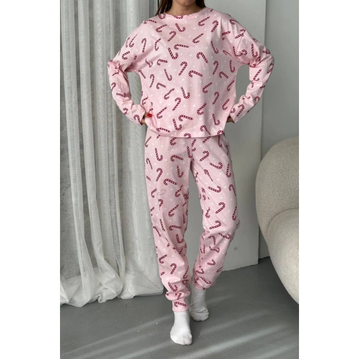 Kadın Şeker Desenli Alt Üst Pijama Takımı-Pembe